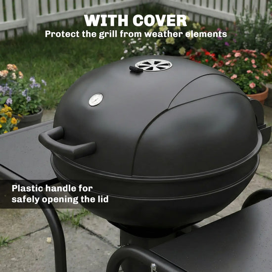 Barbacoa de Carbón Outsunny BBQ Smoker, Grill Esférico, Grill Ø54 cm, 2 Mesas Laterales, Termómetro, Negro