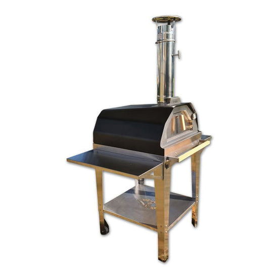 Horno de Leña Brasa Negro con Carrito, Acero Inox AISI 304, 60x60 cm, 6-8 Personas, Garantía 5 Años