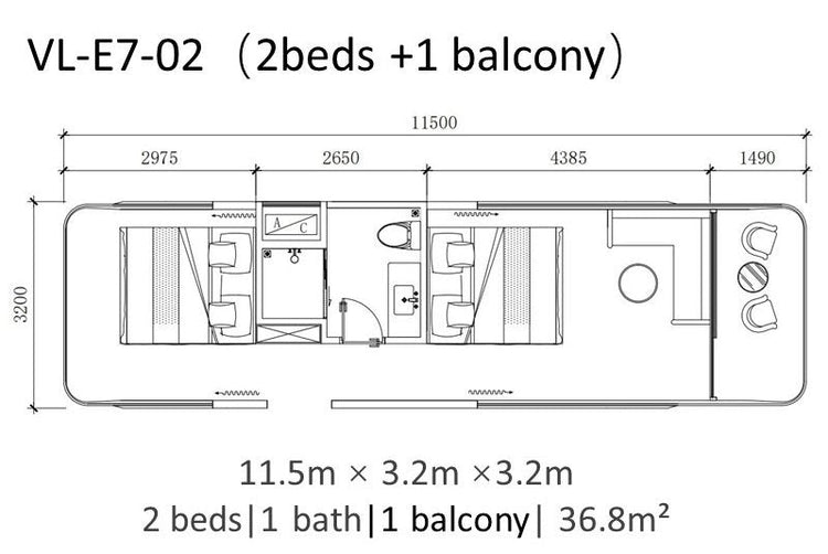 Casa Cápsula E7 com 2 camas, 1 banheiro e varanda