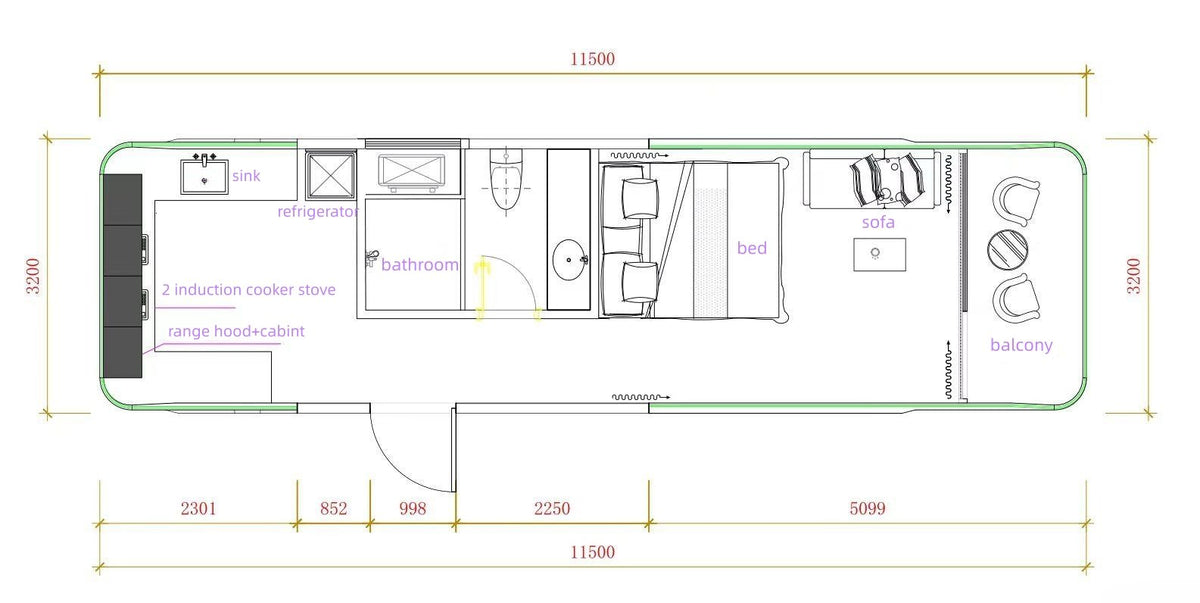 Casa Cápsula E7 com 2 camas, 1 banheiro e varanda