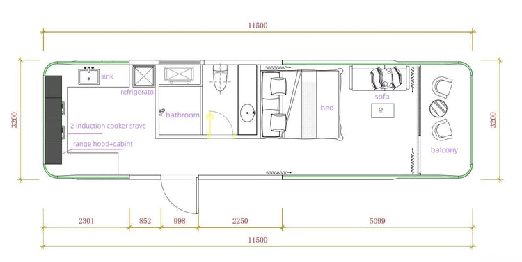 Casa Cápsula E7 com 2 camas, 1 banheiro e varanda
