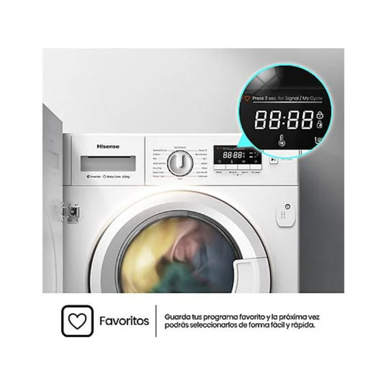 Lavadora-Secadora Hisense WD3M841BWIES, Integrable, 8 kg + 6 kg, 1400 rpm, Clase E/B, Motor Inverter