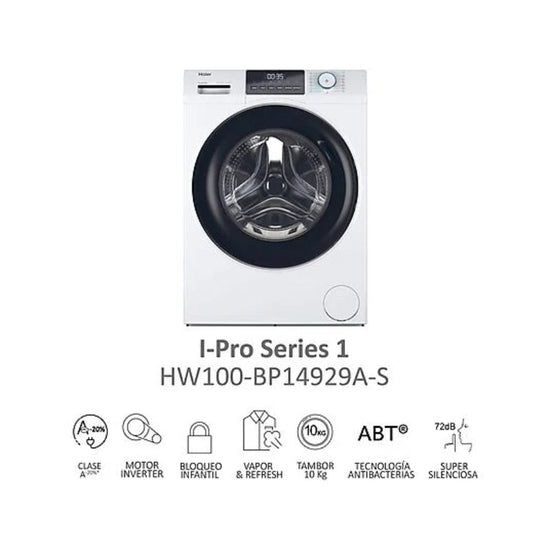 Lavadora Haier HW100-BP14929A-S I-Pro Serie 1, Carga Frontal, 10 kg, 1400 rpm, Clase A, Motor Inverter, Negro
