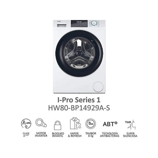 Lavadora Haier HW80-BP14929A-S I-Pro Serie 1, Carga Frontal, 8 kg, 1400 rpm, Clase A, Motor Inverter, 48 cm, Blanco