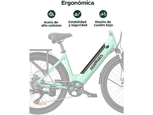 Bicicleta Eléctrica de Ciudad HILLMILES Milecity, Batería 468 Wh, Motor Potente, 80 km Autonomía, 7 Velocidades, 26", Verde