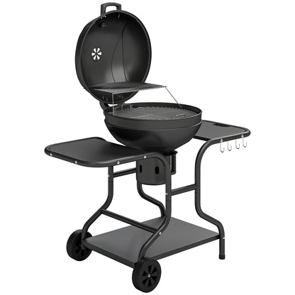 Barbacoa de Carbón Outsunny BBQ Smoker, Grill Esférico, Grill Ø54 cm, 2 Mesas Laterales, Termómetro, Negro