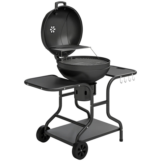Barbacoa de Carbón Outsunny BBQ Smoker, Grill Esférico, Grill Ø54 cm, 2 Mesas Laterales, Termómetro, Negro